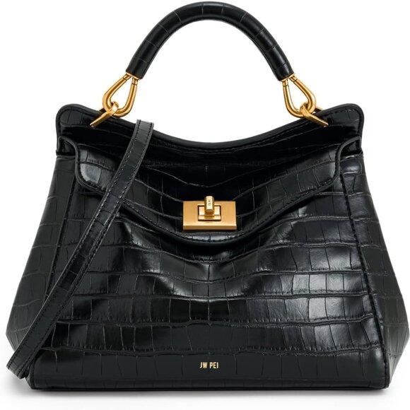 Chic Women's Crossbody Handbag - Black Croc Vegan Leather Fits iPhone 15 Pro